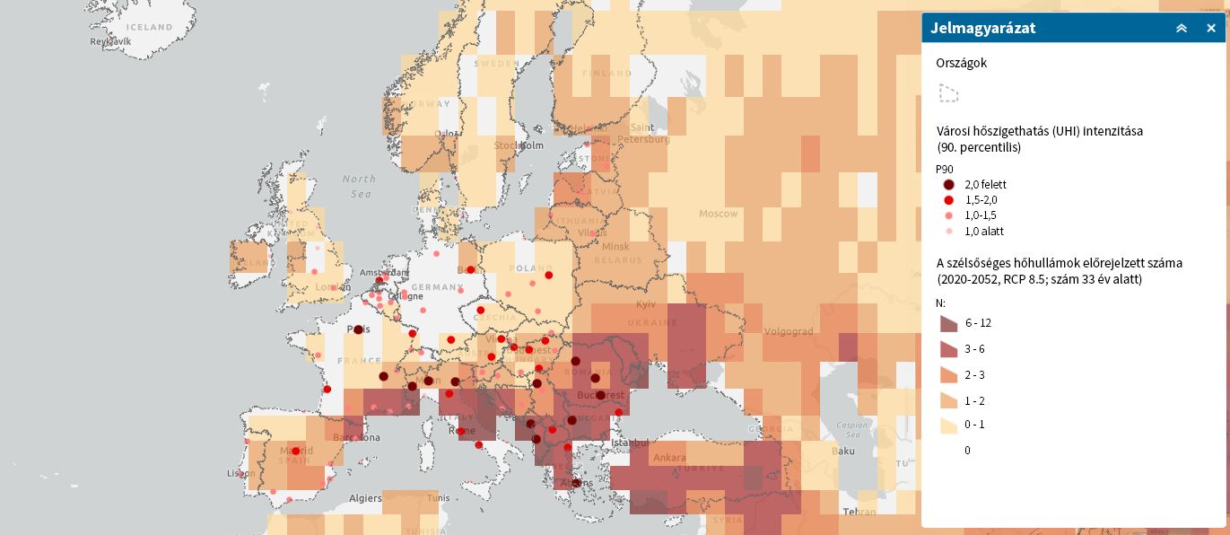 Hőhullámok gyakorisága és a hőszigethatás mértéke (Forrás: EEA)